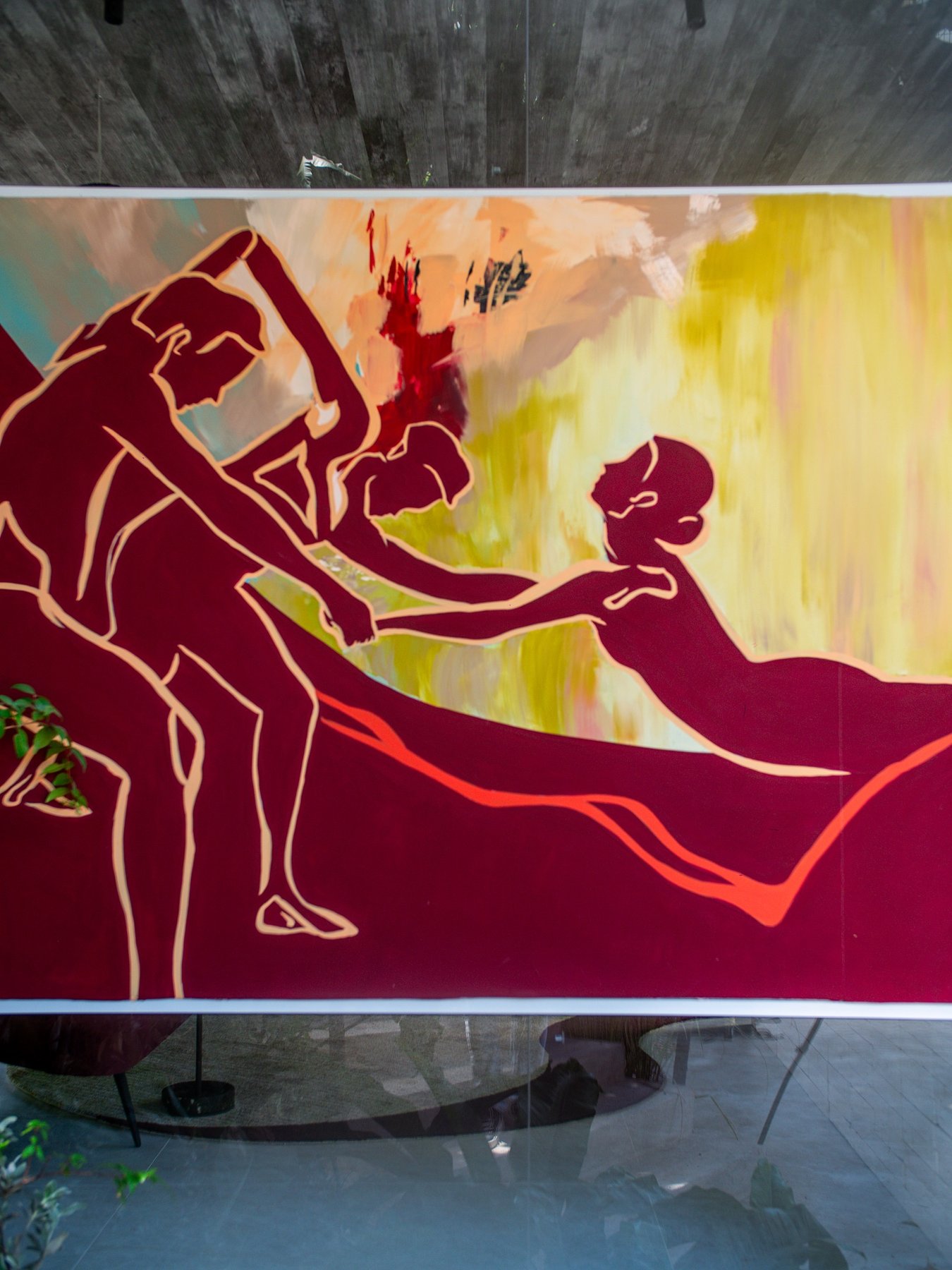 Panel detail: figures in wine red and gold reaching for each other