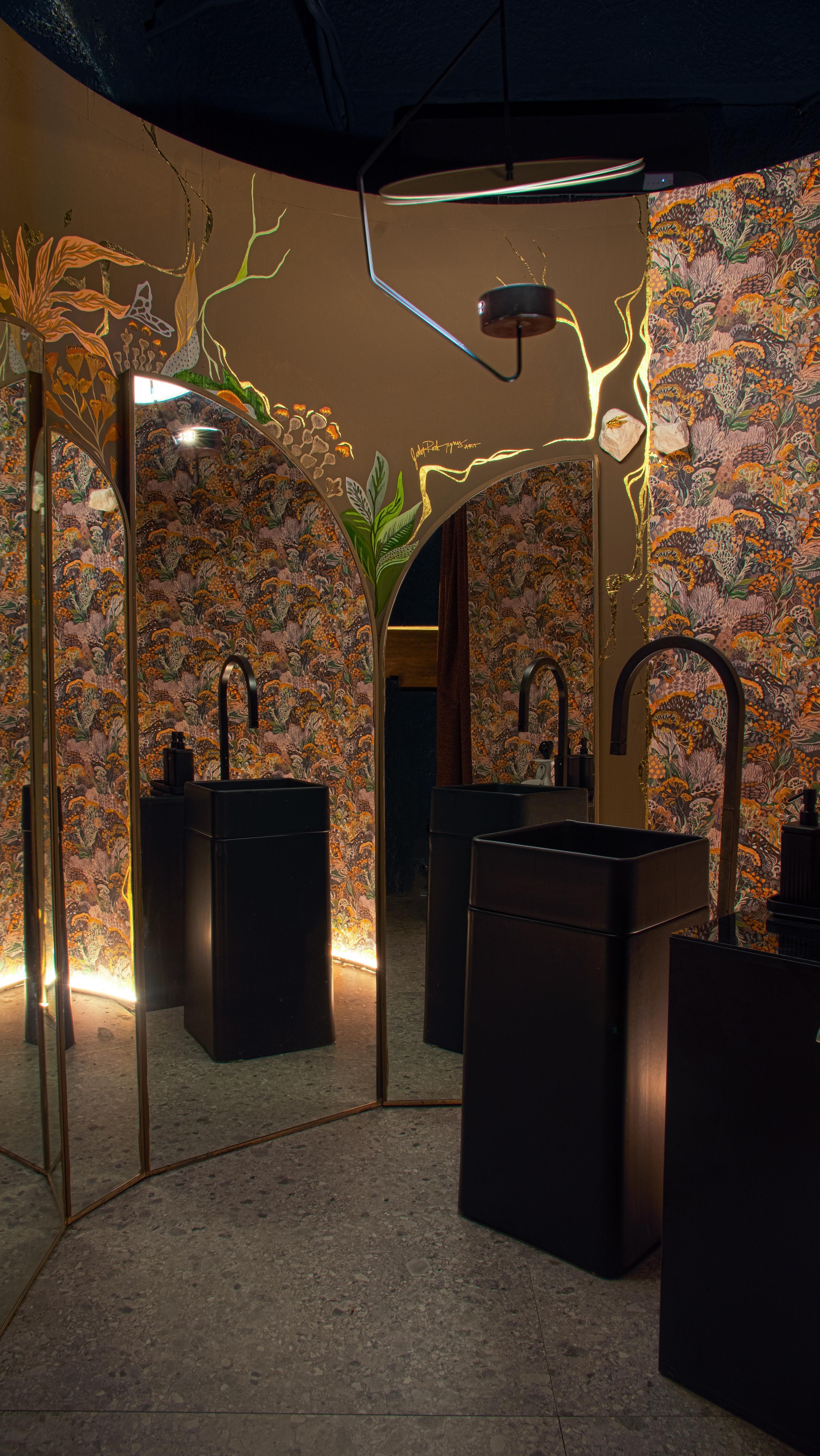 Mayu Restaurant washroom with botanical painting, mirrors and gold leaf