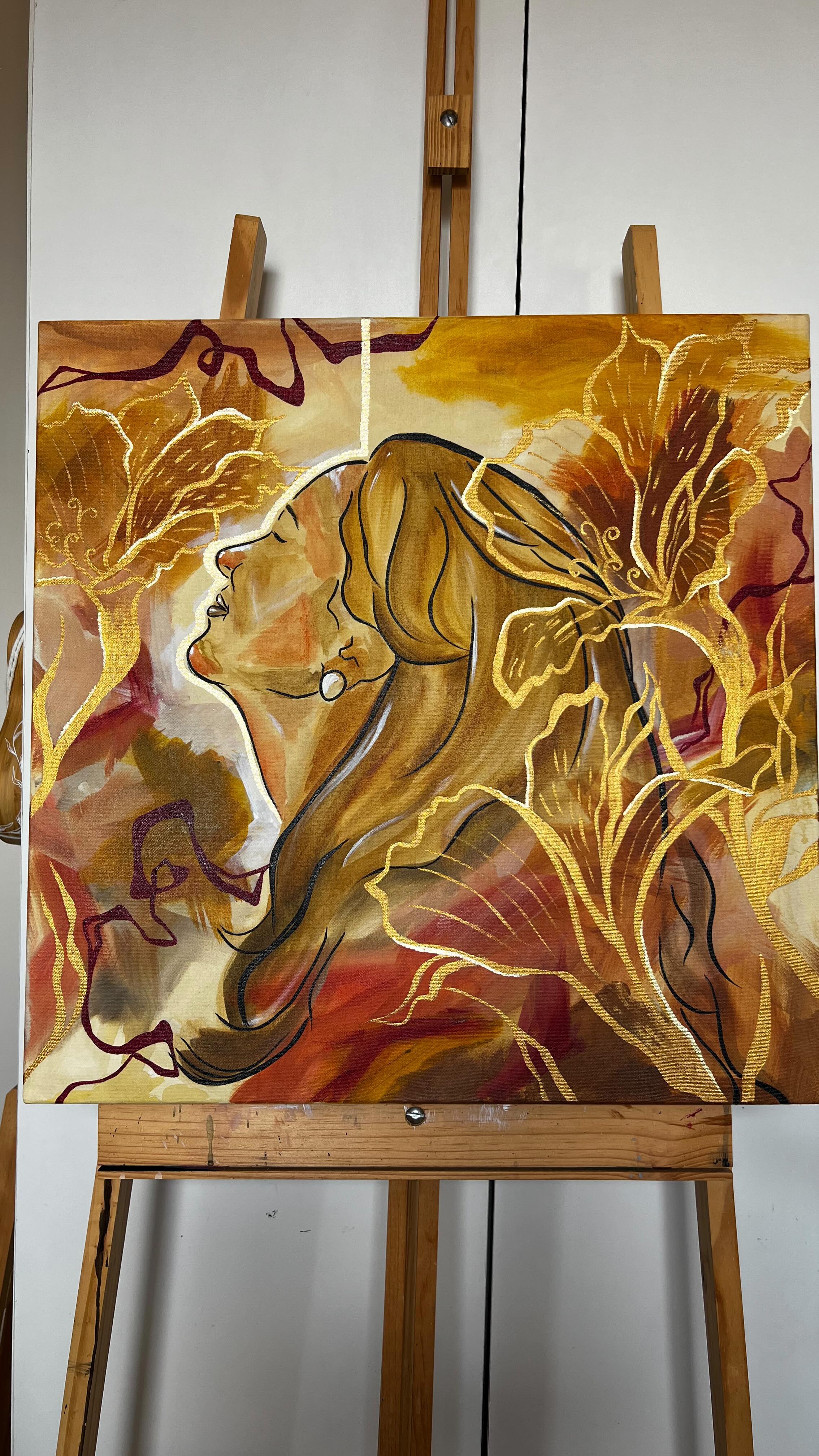 Easel painting with a portrait, organic forms and gold leaves